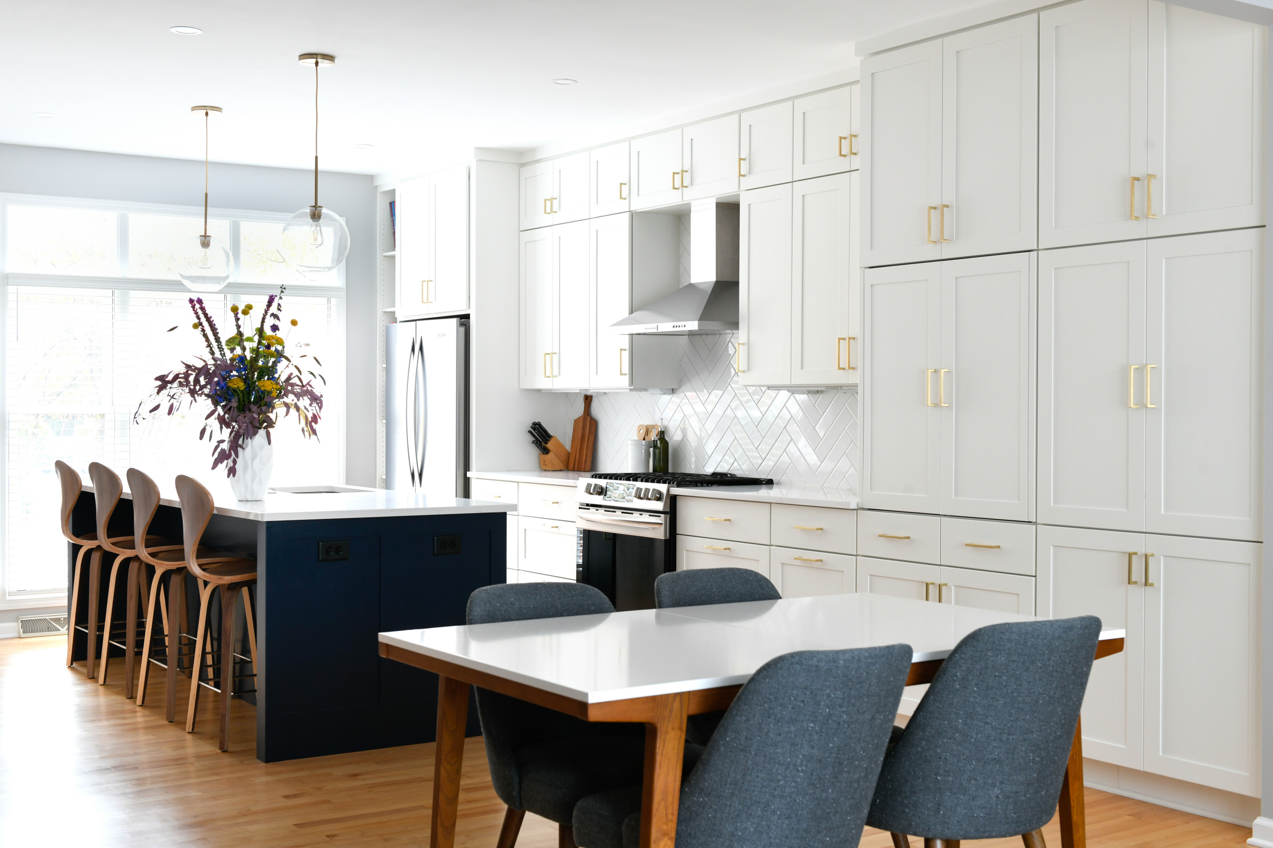 Blue, White and Gold Kitchen and Living Space