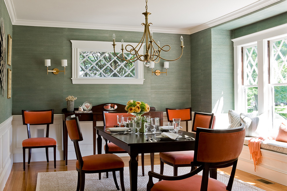 Photo of a contemporary dining room in Boston with green walls.
