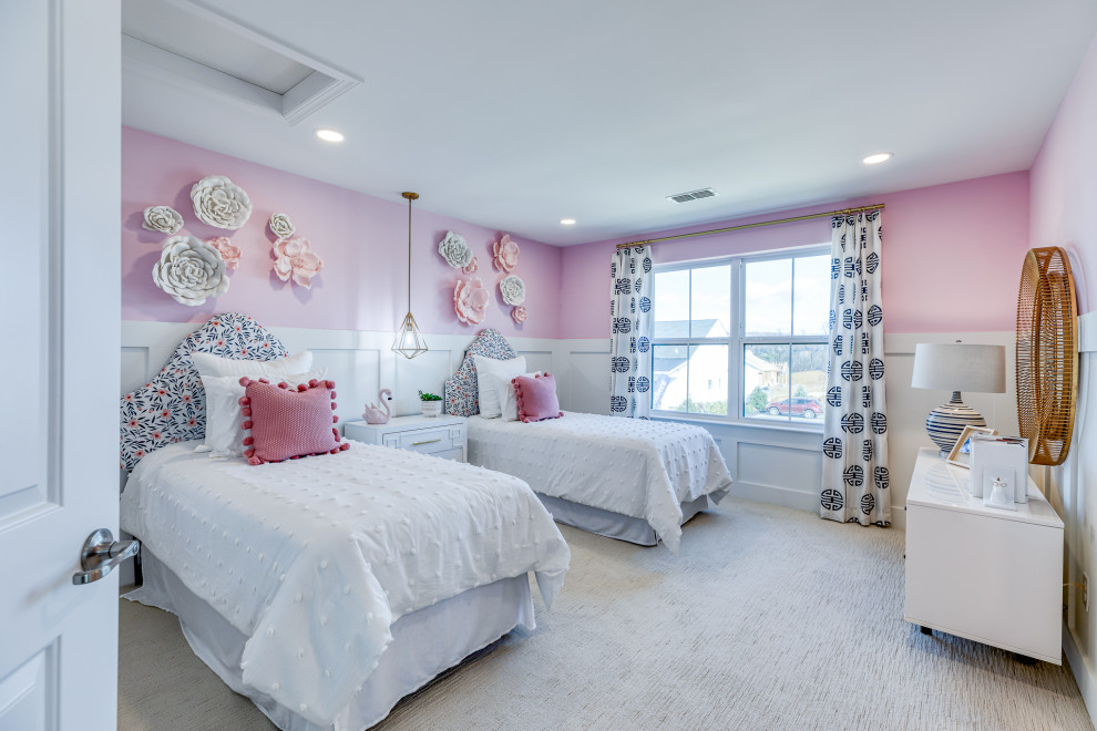 Transitional girl carpeted, beige floor and wainscoting kids' bedroom photo in Philadelphia with pink walls