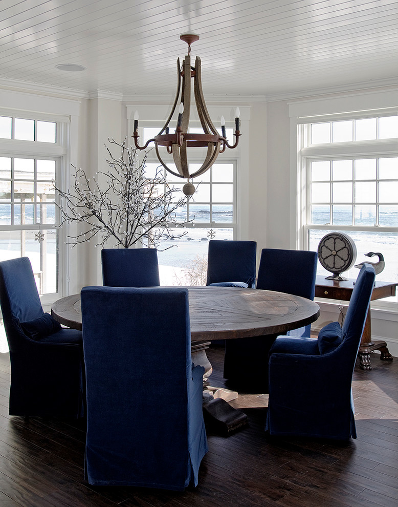 Inspiration for a large coastal dark wood floor dining room remodel in Portland Maine with white walls