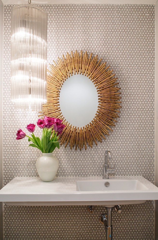 Photo of a midcentury powder room in Other with a wall-mount sink, white walls and mosaic tile.
