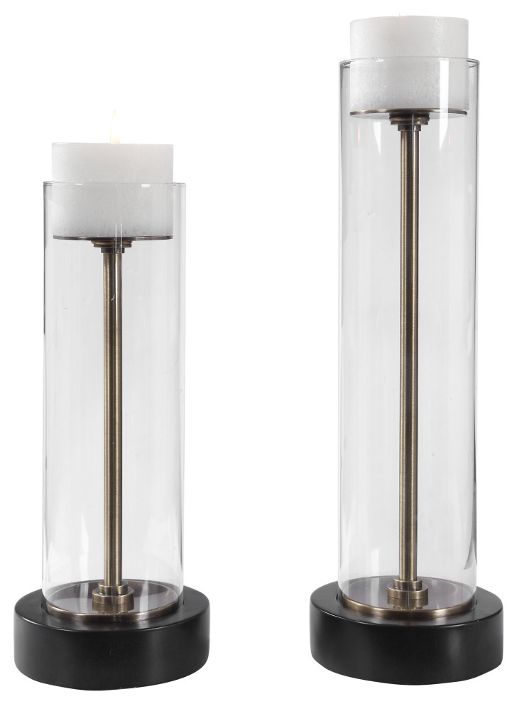 Modern Clear Glass Column Candle Holders 2 Piece Set Pillar Bronze Brass Transitional Candleholders By My Swanky Home