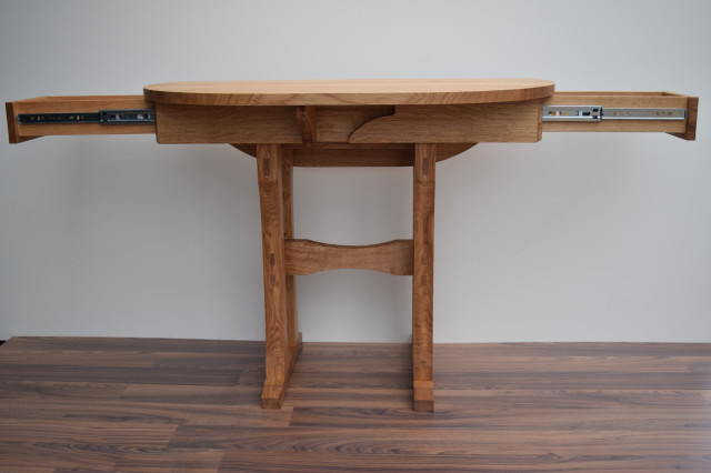 Solid Oak Extending Table with Drawers amerikansk-craftsman-matplats