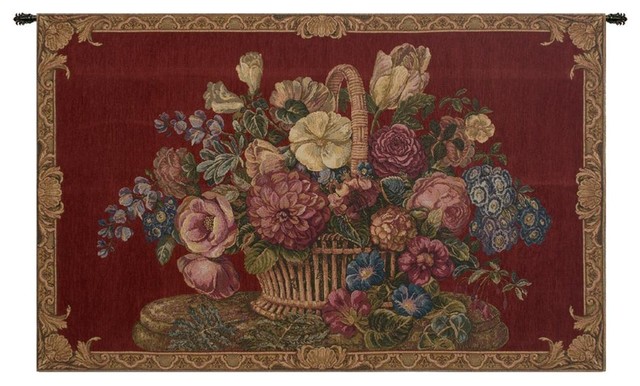 Flower Basket With Burgundy Chenille Background Tapestry Wall Art Hanging Tapestries By Oxeme Group Inc