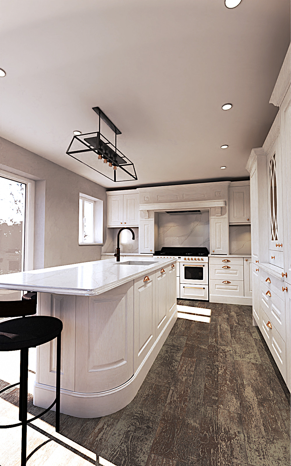 Example of a large classic porcelain tile and gray floor open concept kitchen design in Other with a drop-in sink, raised-panel cabinets, medium tone wood cabinets, quartzite countertops, white backsp