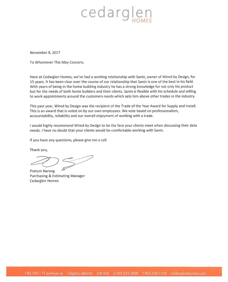 Cedarglen Referance Letter