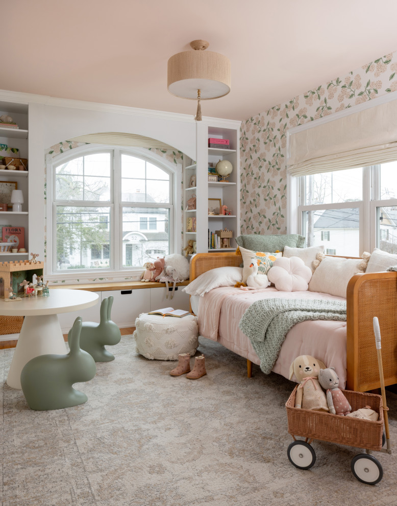 Playful Garden Bedroom - Example of a bedroom transitional girl wallpaper kids' bedroom design in New York