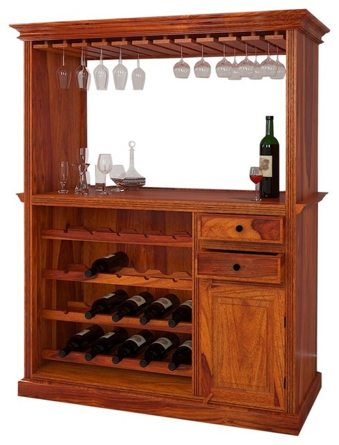 Houston Solid Wood Home Bar Cabinet With Wine Display Rack