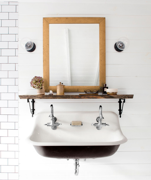 This is an example of a country master bathroom in San Luis Obispo with a trough sink, an open shower, white tile, subway tile, white walls and ceramic floors.