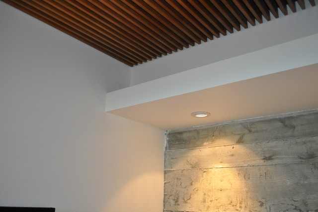 Wood Grille Ceiling Concrete Wall Detail Modern Living