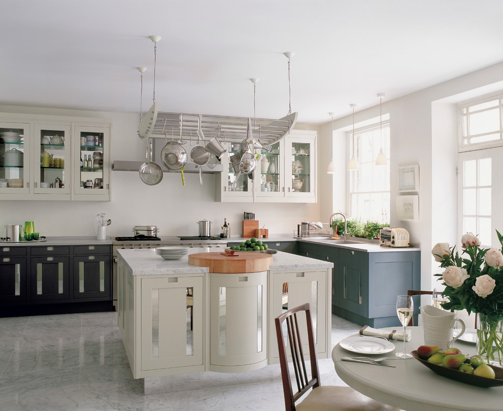 Design ideas for a traditional l-shaped eat-in kitchen in London with an undermount sink, grey cabinets, marble benchtops, stainless steel appliances, marble floors and with island.