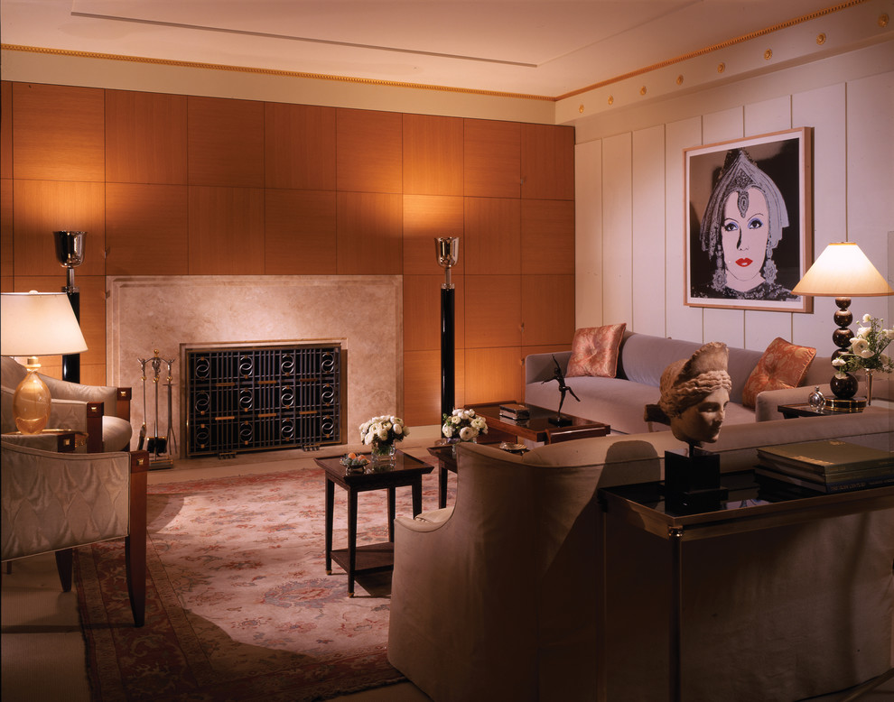 Photo of a large contemporary formal enclosed living room in New York with a stone fireplace surround, beige floor, multi-coloured walls, carpet and a standard fireplace.