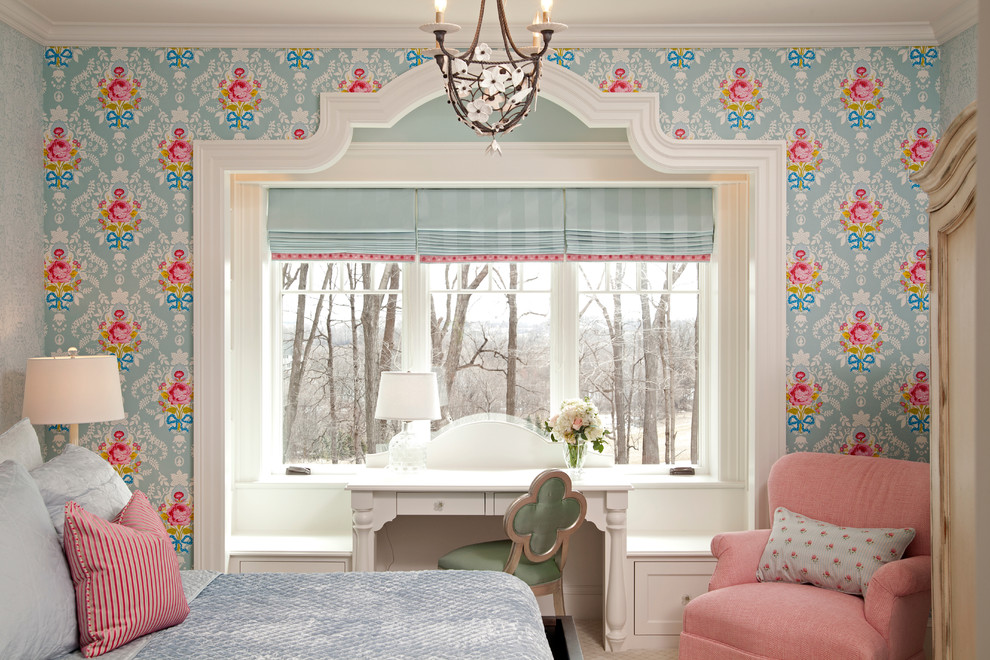 This is an example of a traditional bedroom in Minneapolis with multi-coloured walls.