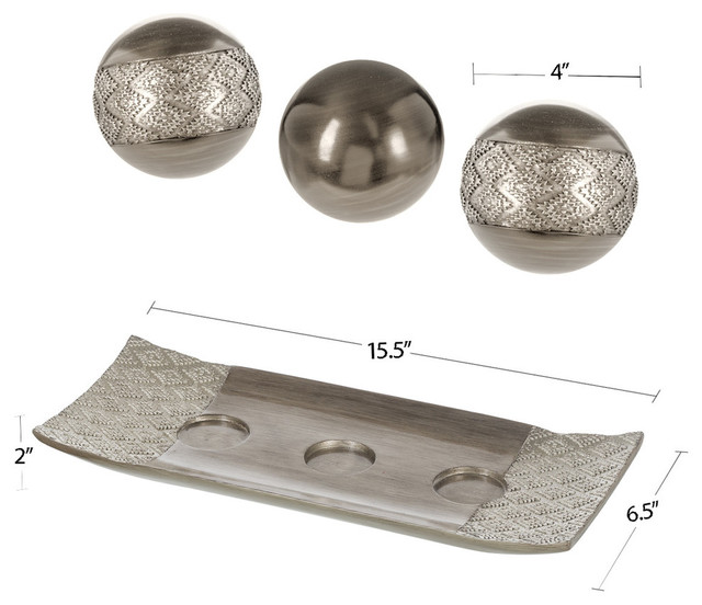 Dublin Home Decor Tray and Orbs Balls, Set Of 3, Brushed Silver