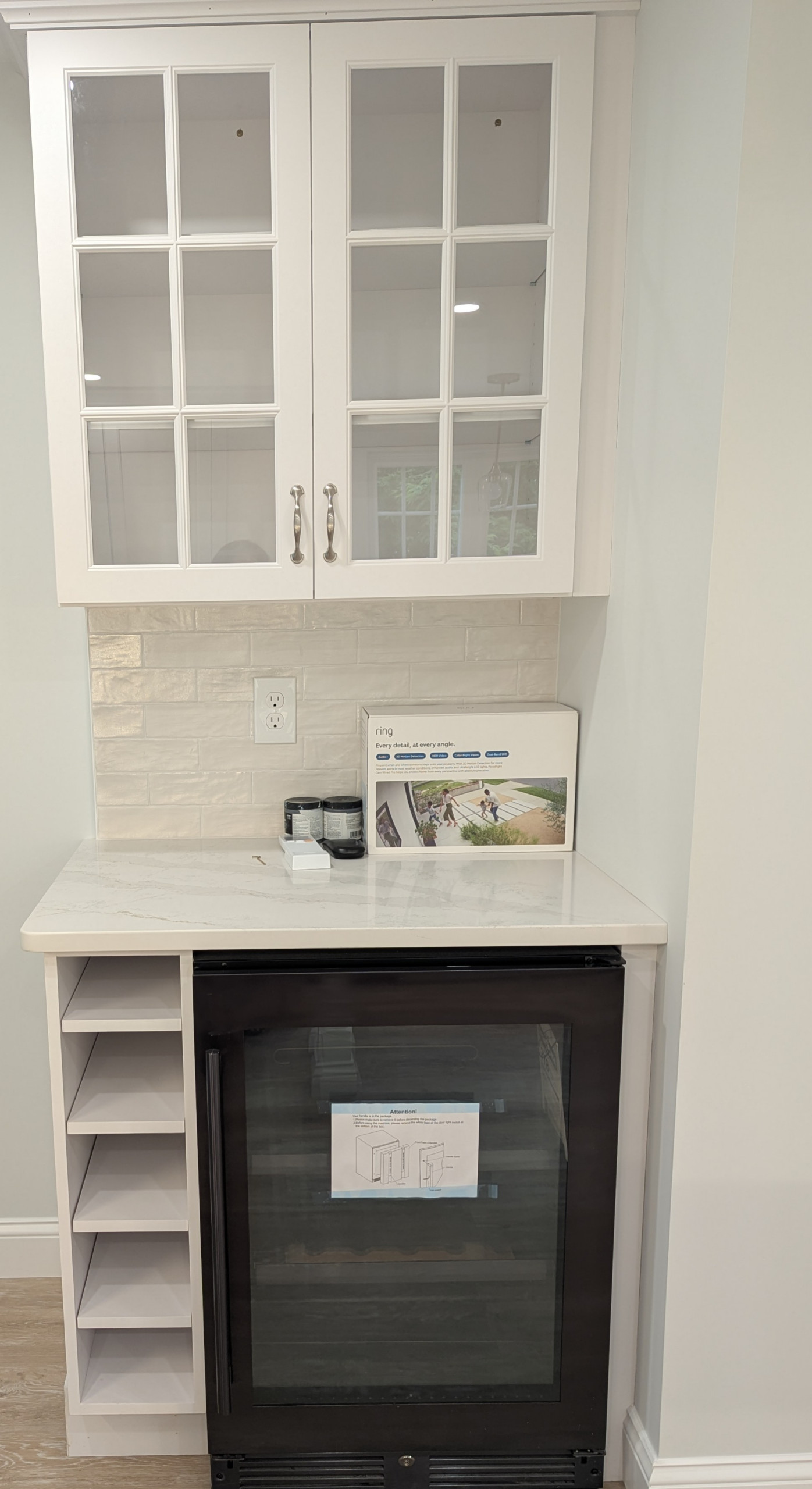Clear Glass Door Display Cabinet, Custom Shelving & Wine Refrigerator
