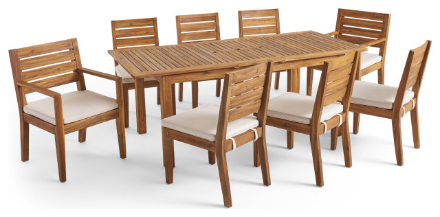 GDF Studio Maddox Outdoor 8-Seater Acacia Wood Expandable Dining Set, Sandblast Natural/Beige
