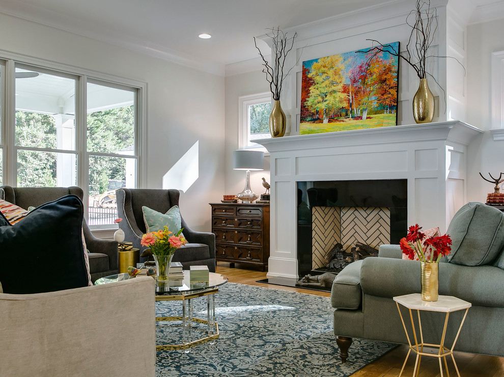 Transitional open concept living room in Raleigh with medium hardwood floors.