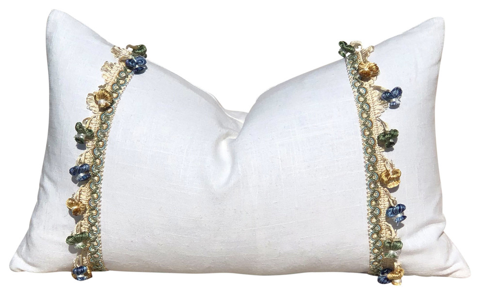 Elegant Off White Lumbar Linen Pillow With Blue, Green, Bronze/Gold Tessel Trim