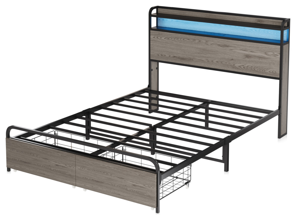 Full/Queen Size Bed Frame with Storage Drawers and LED Lights