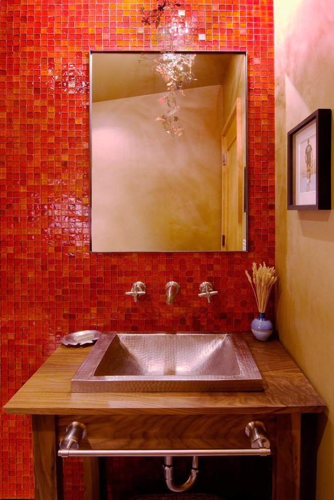 Inspiration for a contemporary powder room in Sacramento with mosaic tile and red tile.
