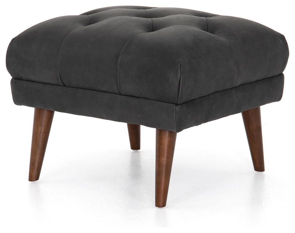 22" Wide Cecilia Ottoman Umber Black Top Grain Leather Parawood in Almond Finish