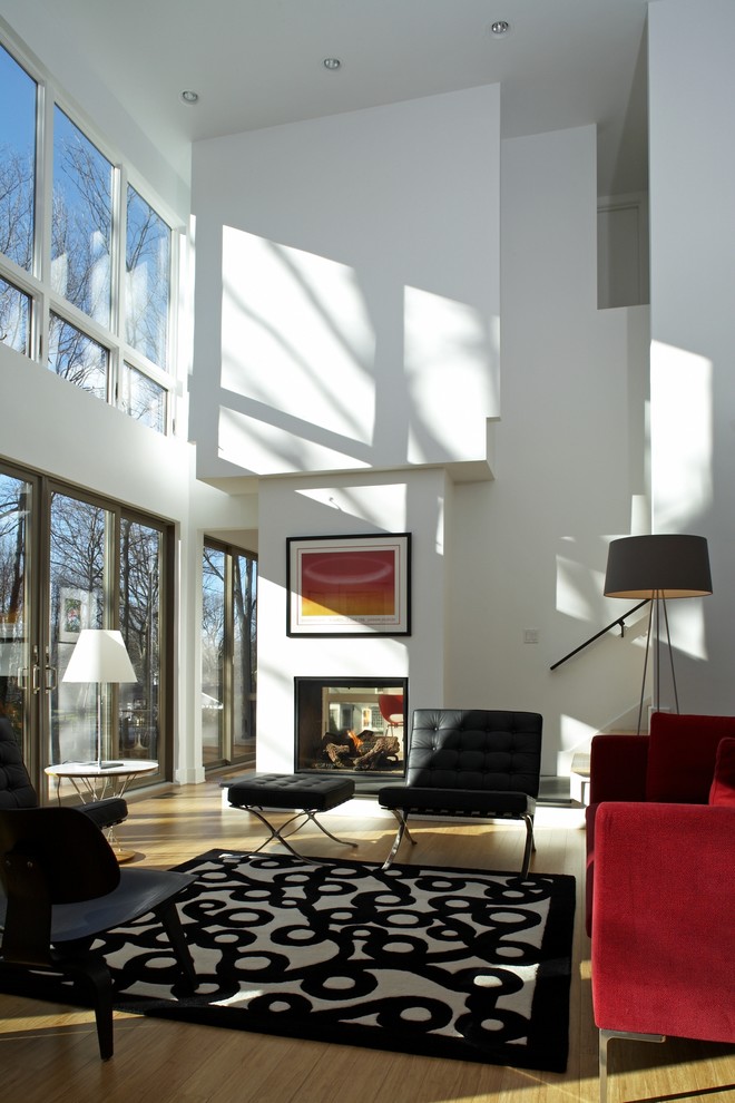 Inspiration for a contemporary family room in Boston with light hardwood floors.