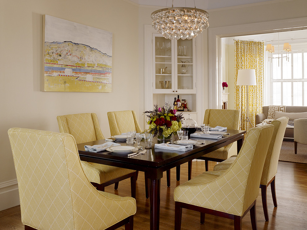 Design ideas for a transitional dining room in San Francisco with beige walls and medium hardwood floors.