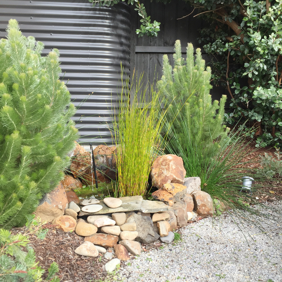 This is an example of a large full sun xeriscape for summer with gravel and with pond.