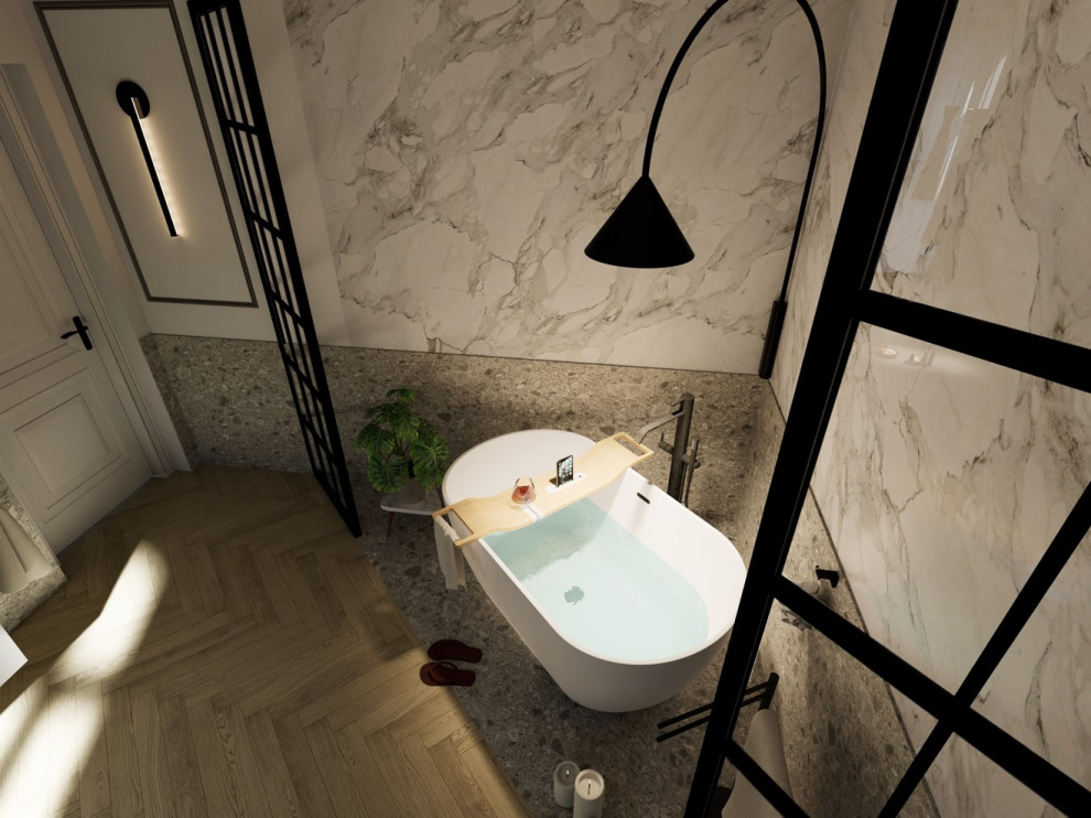 Photo of a large contemporary ensuite bathroom in Milan with flat-panel cabinets, beige cabinets, a freestanding bath, a wall mounted toilet, grey tiles, porcelain tiles, white walls, porcelain flooring, a built-in sink, laminate worktops, beige floors, beige worktops, a single sink, a floating vanity unit, a coffered ceiling and wainscoting.