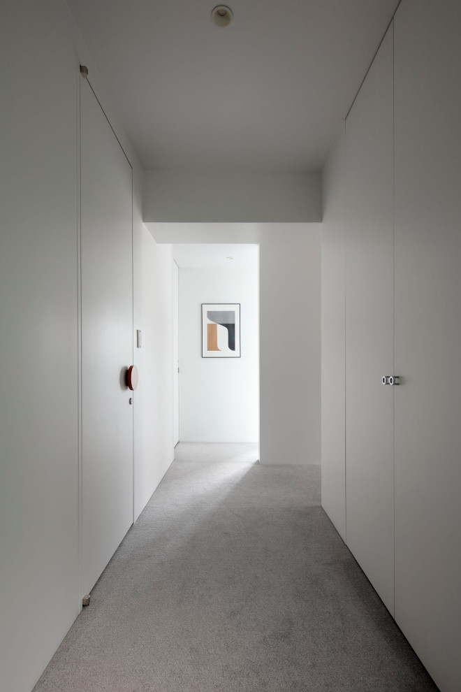 Inredning av en modern mellanstor hall, med vita väggar, heltäckningsmatta och grått golv