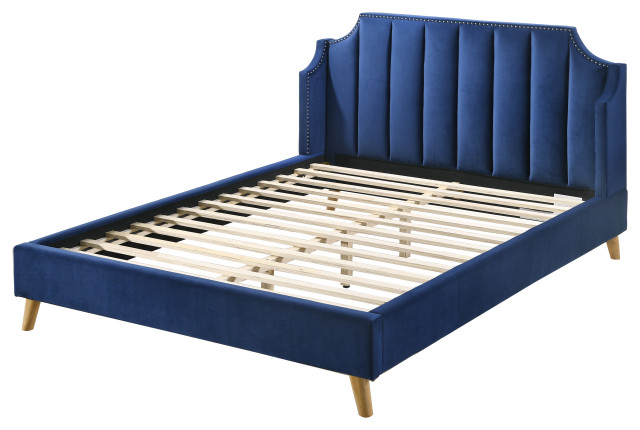 Windsor Upholstered Platform Bed, Navy With Oak Color Legs, King