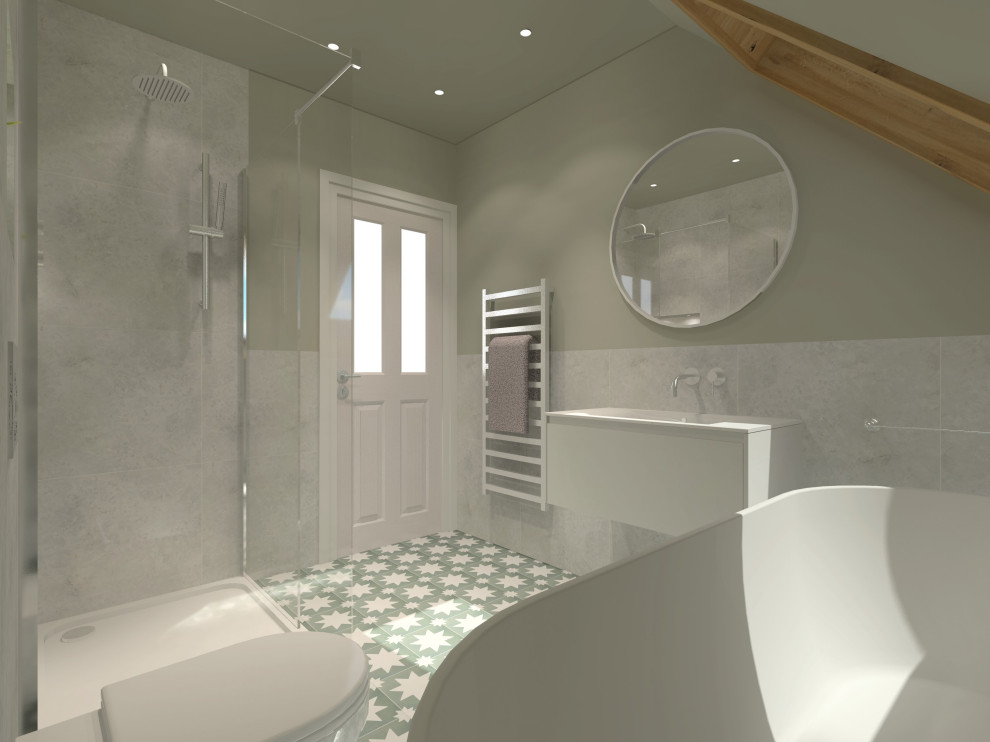 Example of a mid-sized trendy kids' gray tile and porcelain tile porcelain tile, green floor, single-sink and vaulted ceiling bathroom design in Edinburgh with flat-panel cabinets, white cabinets, a wall-mount toilet, green walls, an integrated sink, solid surface countertops, white countertops, a niche and a floating vanity