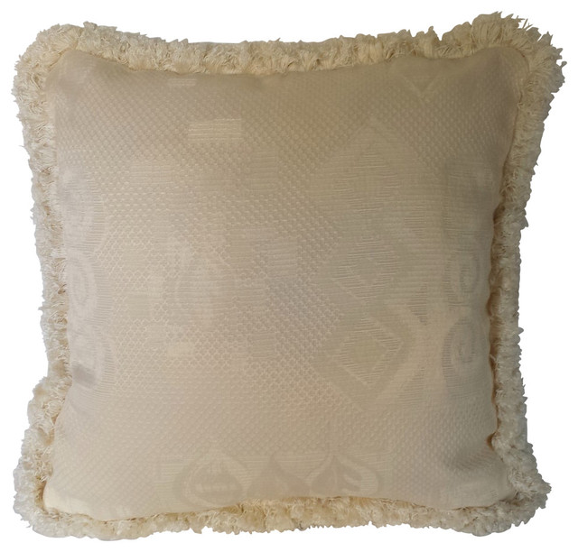 Ivory Jacquard Decorative Throw Pillows With Fringe Transitional