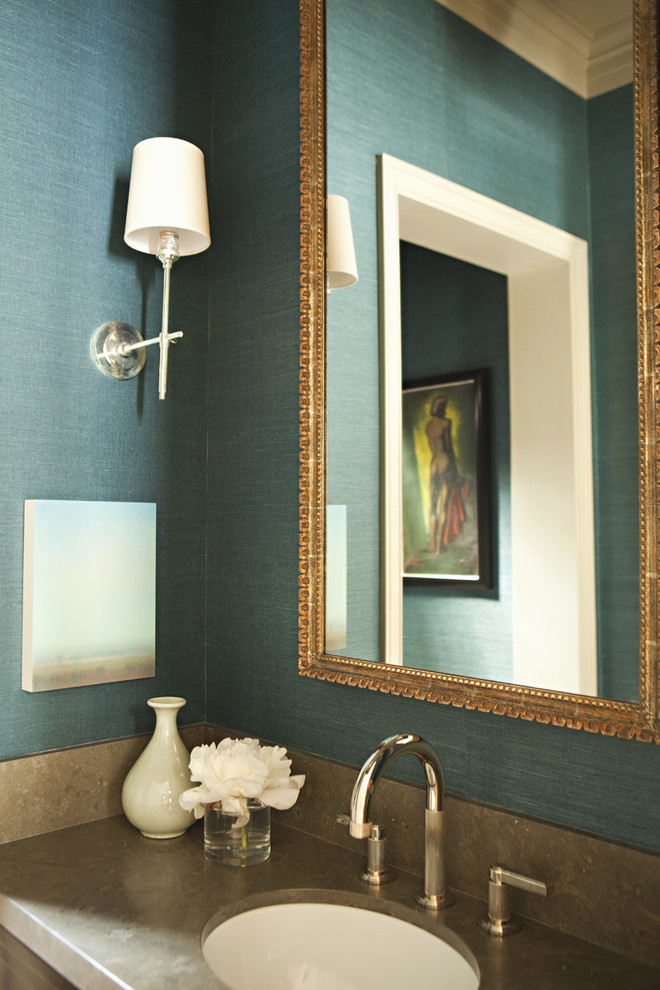 This is an example of a transitional bathroom in Los Angeles with an undermount sink and blue walls.