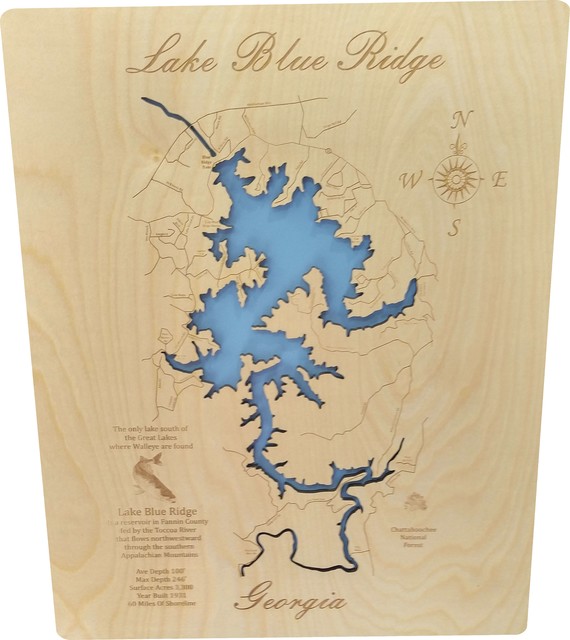 Lake Blue Ridge Fishing Map Lake Blue Ridge, Georgia-Wood Lake Map - Rustic - Wall Accents - By Phd's |  Houzz