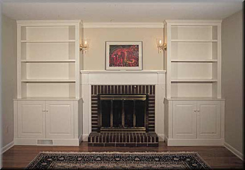 Help with built-ins around fireplace We have a fireplace in the formal living room with a whole back wall being 1970s stone-scape. We
