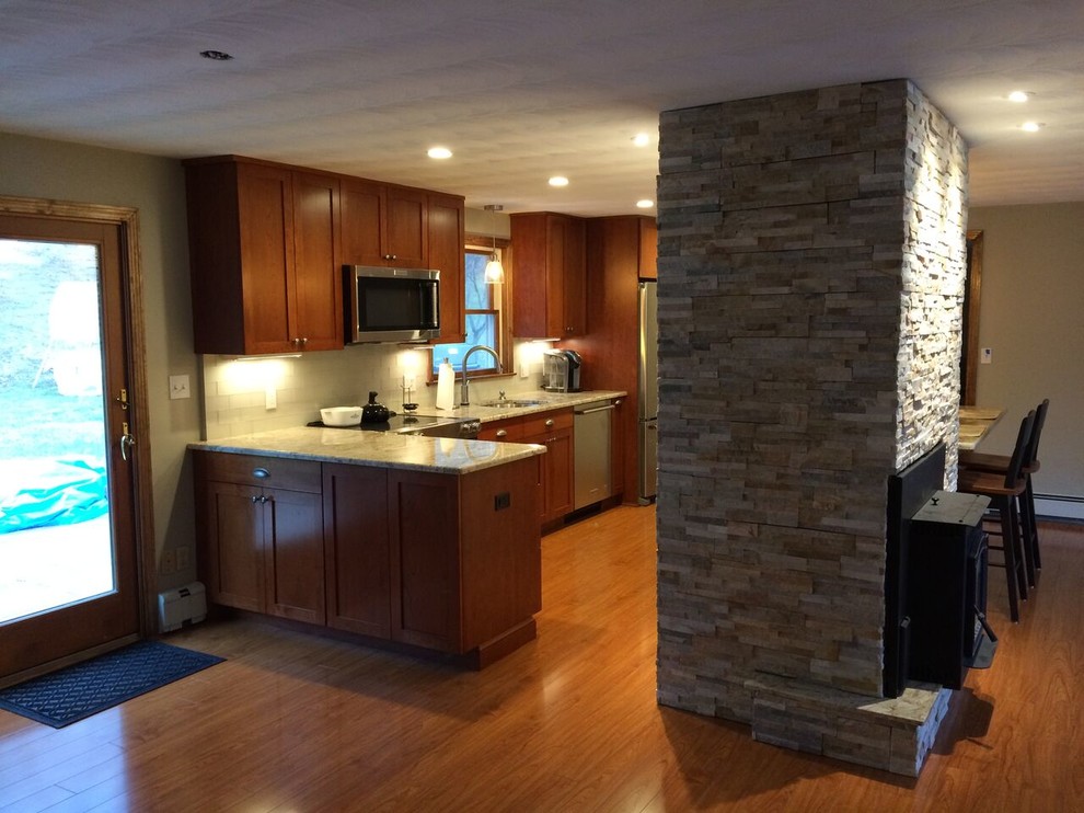 Transitional Kitchen With Fireplace