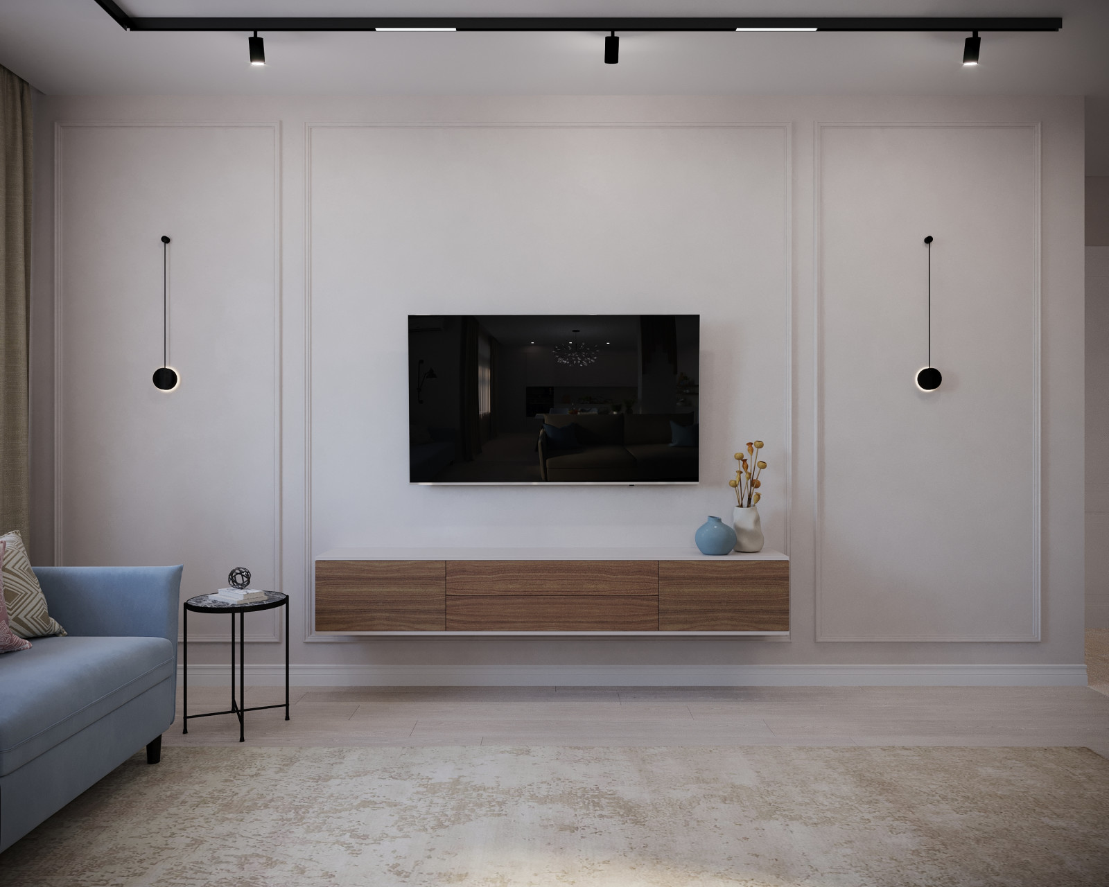 Визуализация гостиной с зоной кухни в московской квартире