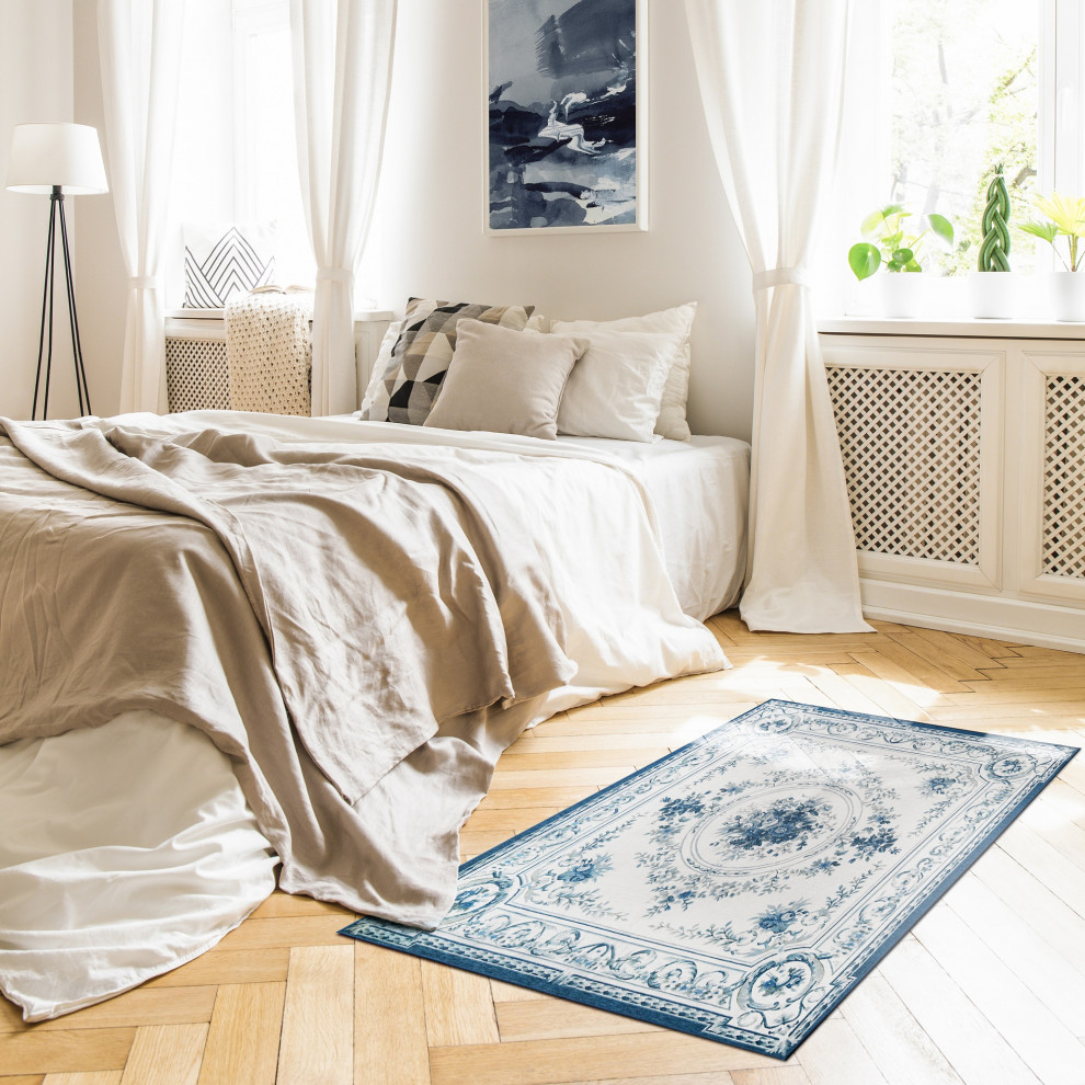 My Magic Carpet Washable Rug Aubusson Blue, 3' x 5' Traditional Area Rugs by American Art