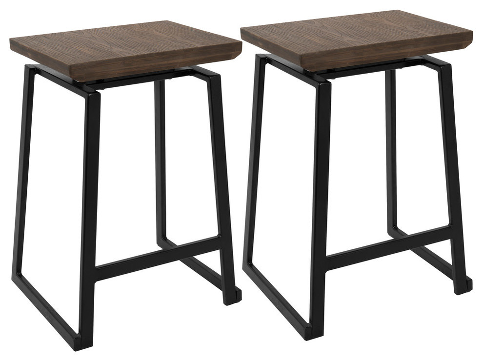 LumiSource Geo Counter Stool, Black With Brown Wood Seat, Set of 2