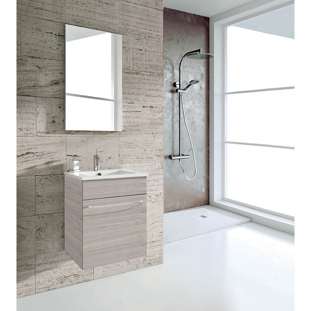Diseño de cuarto de baño principal, único y flotante contemporáneo pequeño con armarios con paneles lisos, puertas de armario grises, lavabo encastrado y encimeras blancas