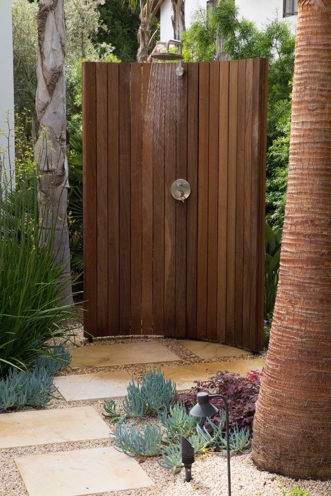 Design ideas for a mediterranean backyard patio in San Francisco with an outdoor shower, decomposed granite and no cover.