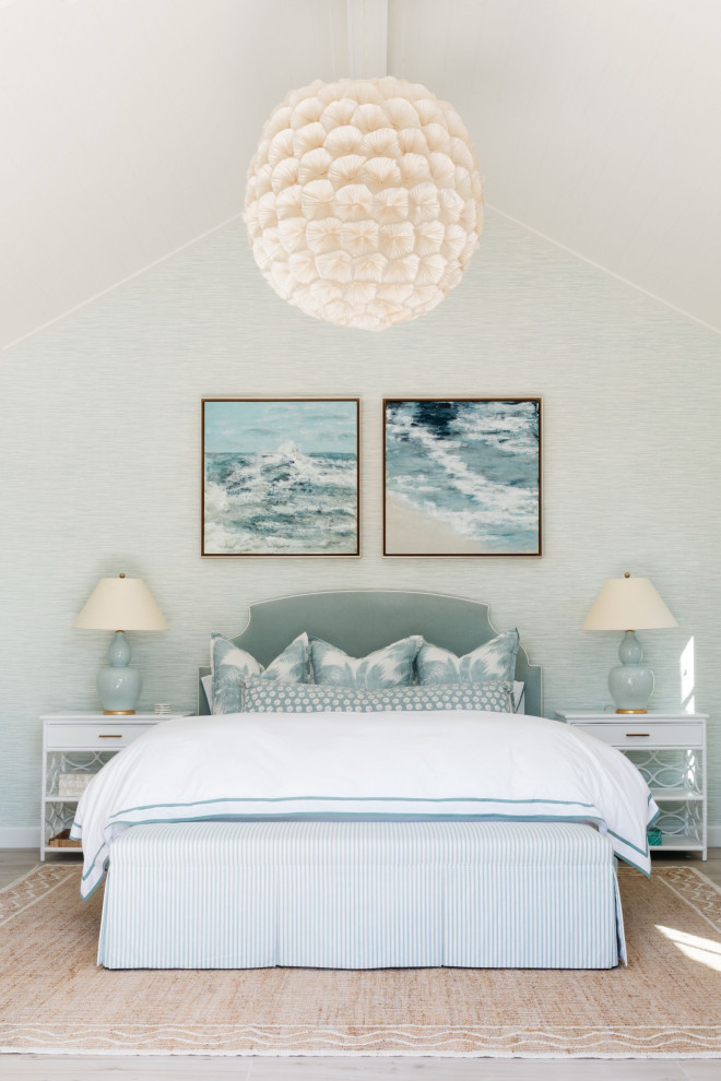Design ideas for a mid-sized beach style bedroom in San Diego with grey walls, ceramic floors, grey floor and vaulted.