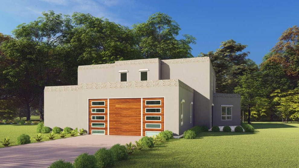Источник вдохновения для домашнего уюта: двухэтажный частный загородный дом среднего размера с облицовкой из бетона, плоской крышей, черепичной крышей и отделкой дранкой