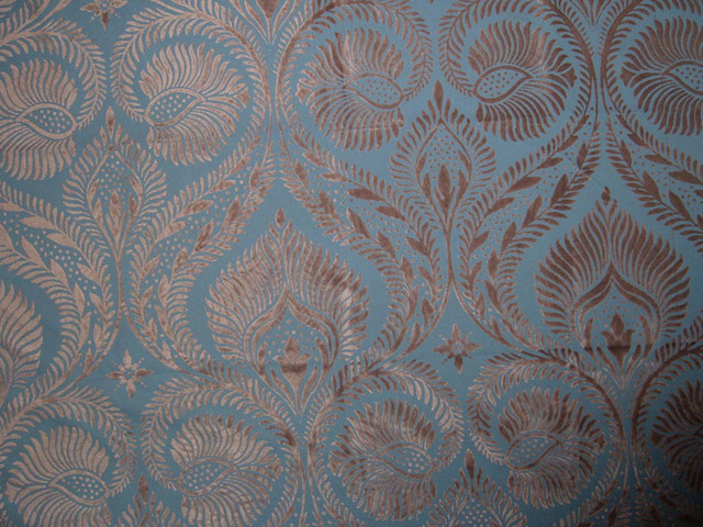 Crewel Fabric Peacock Voilet on Blissful Blue Brasso Velvet