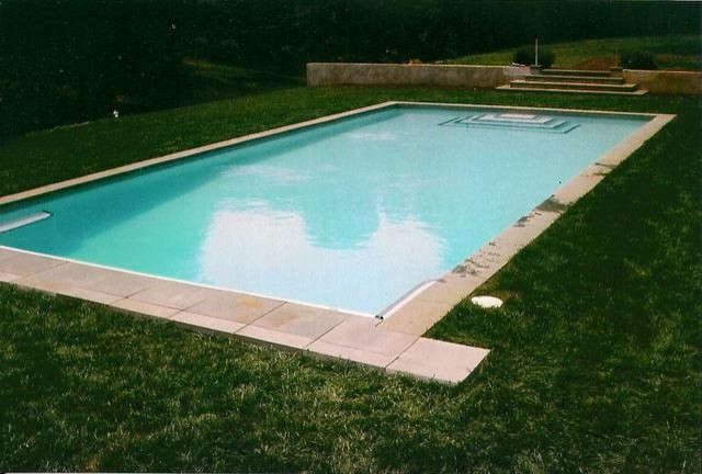 Backyard concrete paver and rectangular lap pool photo