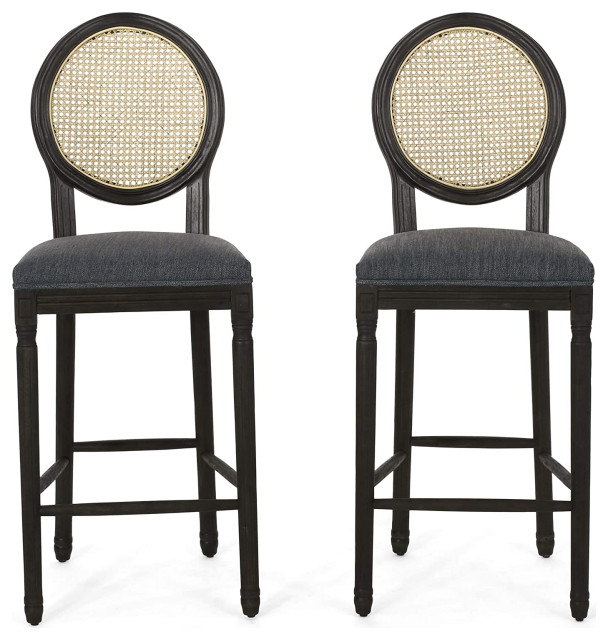 Set of 2 Bar Stool, Turned Rubberwood Legs and Round Wicker Back, Charcoal/Black