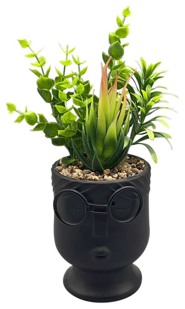 Ceramic 4"D Face Planter With Artificial Plants, Black, 4x4x10