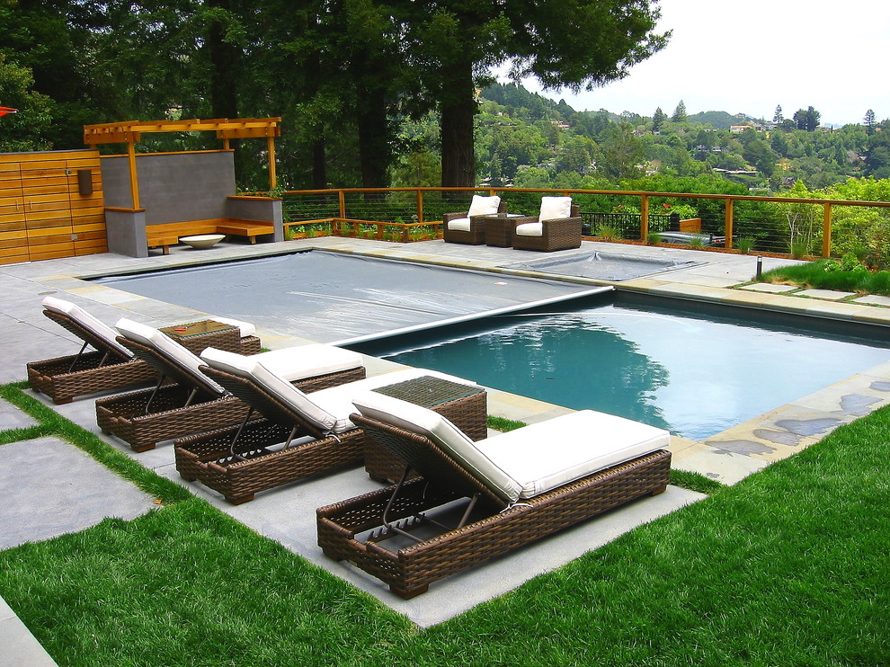 Modelo de piscina moderna grande rectangular en patio trasero con losas de hormigón