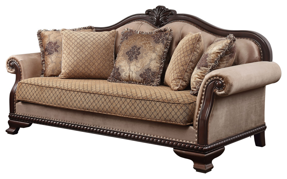 Acme Fabric And Espresso Sofa With 5 Pillows 58265 - Traditional ...